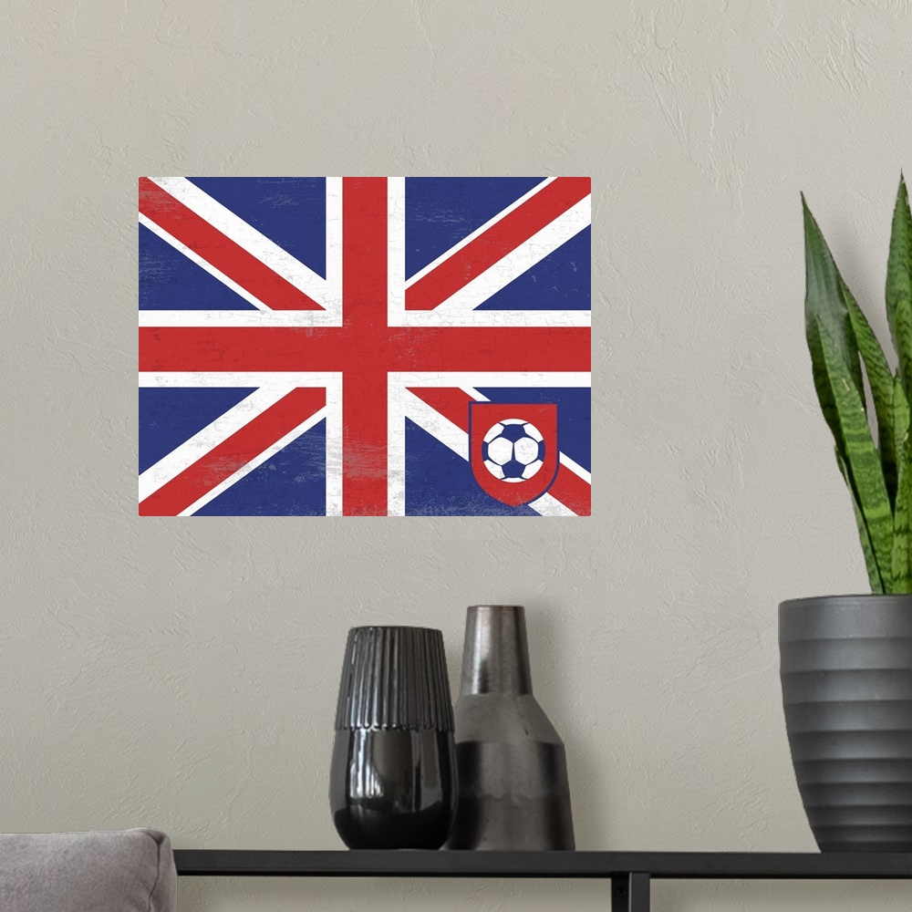 A modern room featuring Flag of England with soccer crest with soccer ball.