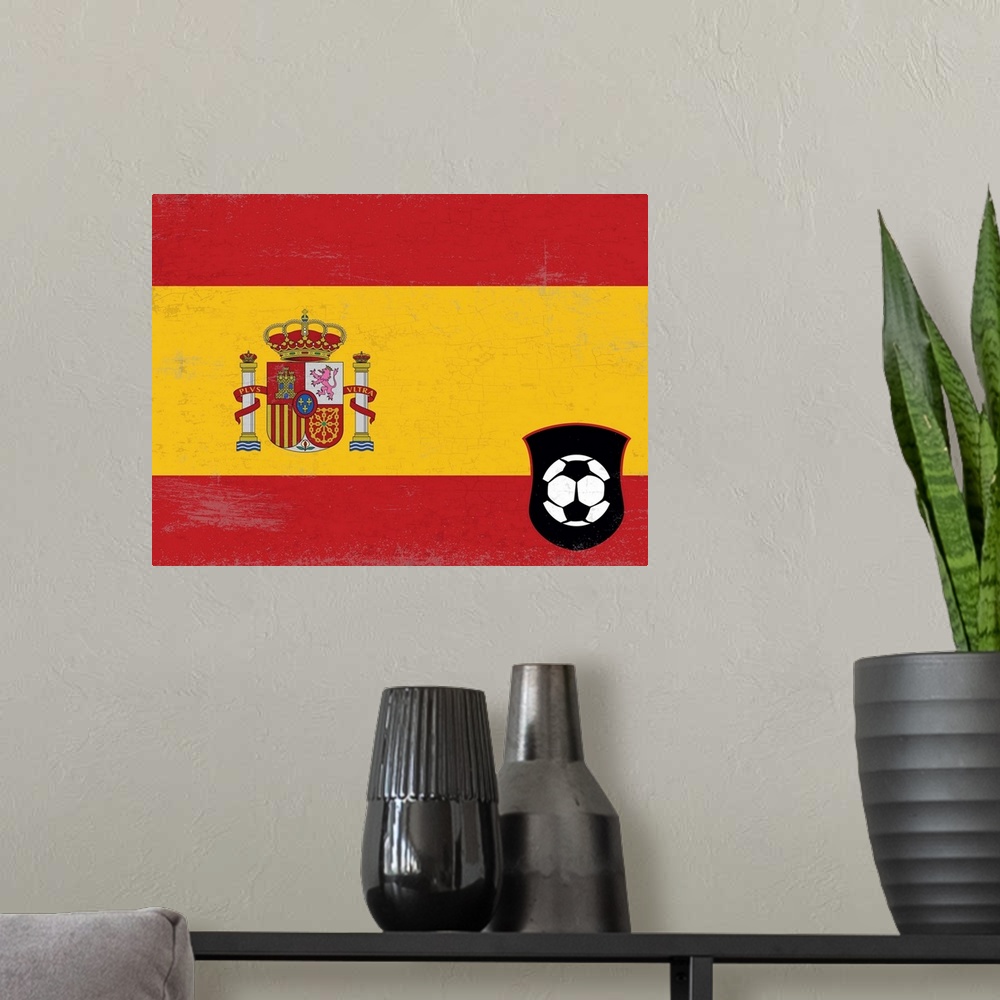 A modern room featuring Flag of Spain with soccer crest with soccer ball.