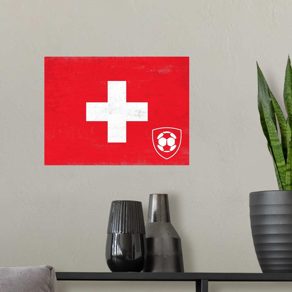 A modern room featuring Flag of Switzerland with soccer crest with soccer ball.