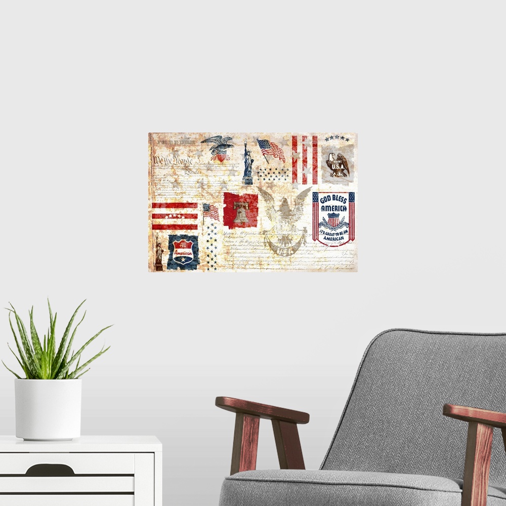 A modern room featuring Vintage rusty distressed wall art sign with typography words and images that are All-american, Ma...