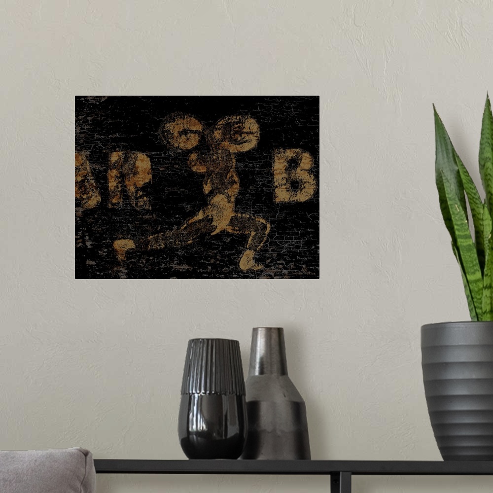 A modern room featuring Distressed vintage wall art of a gold image of a weightlifter with barbell overhead on a black ba...