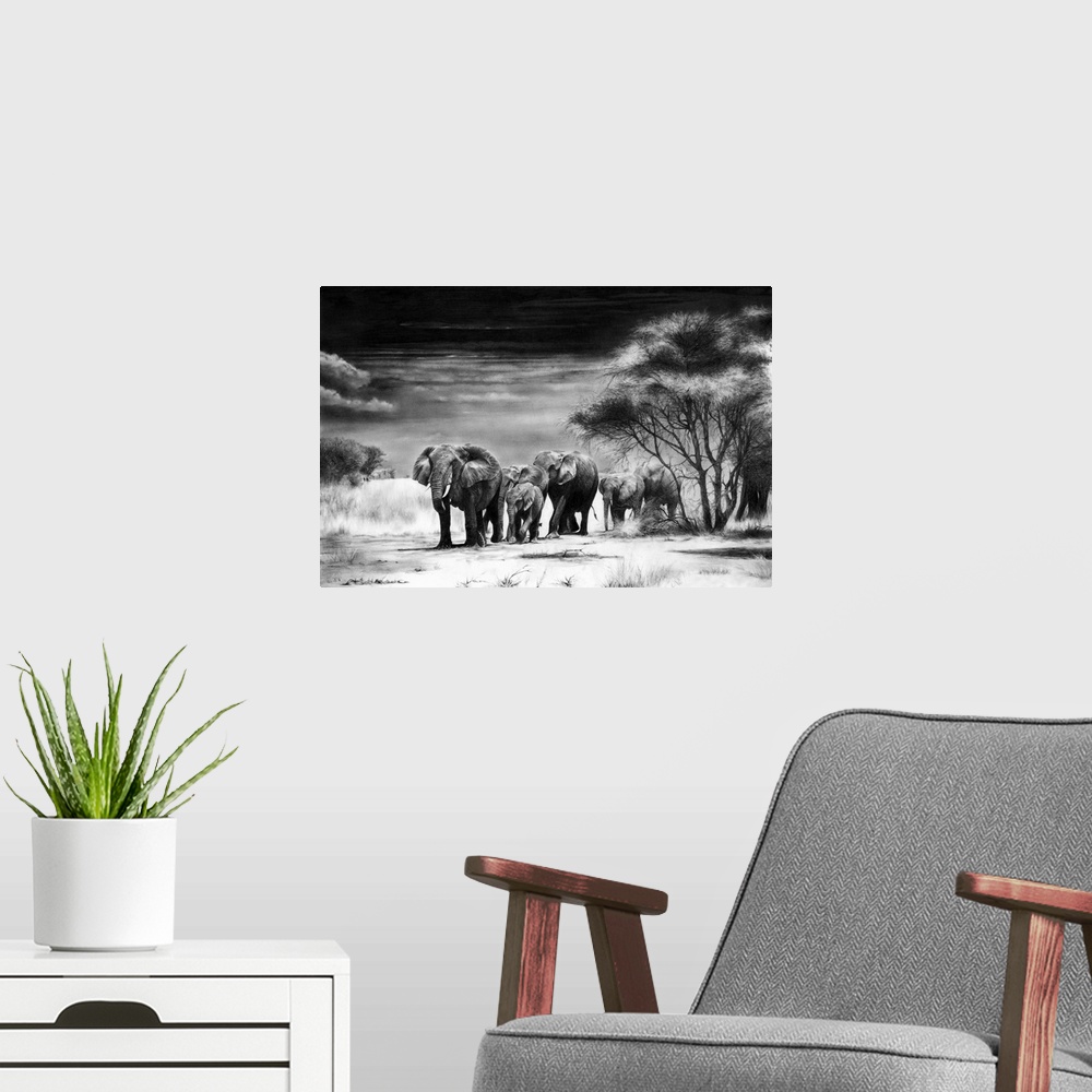 A modern room featuring A herd of African elephants calmly approaching a waterhole, created with graphite pencils on paper.