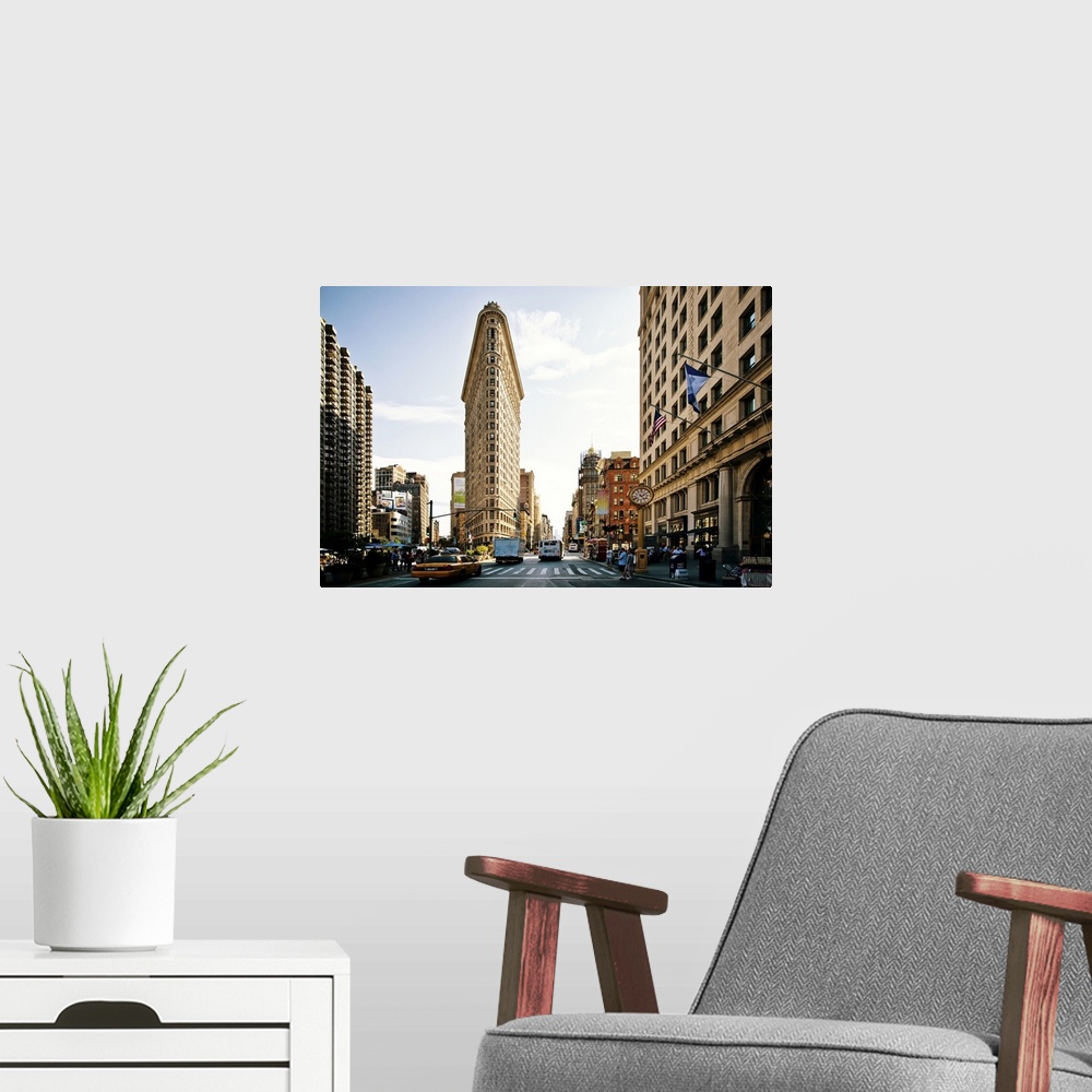 A modern room featuring View of the Flatiron Building from a distance, in afternoon light.