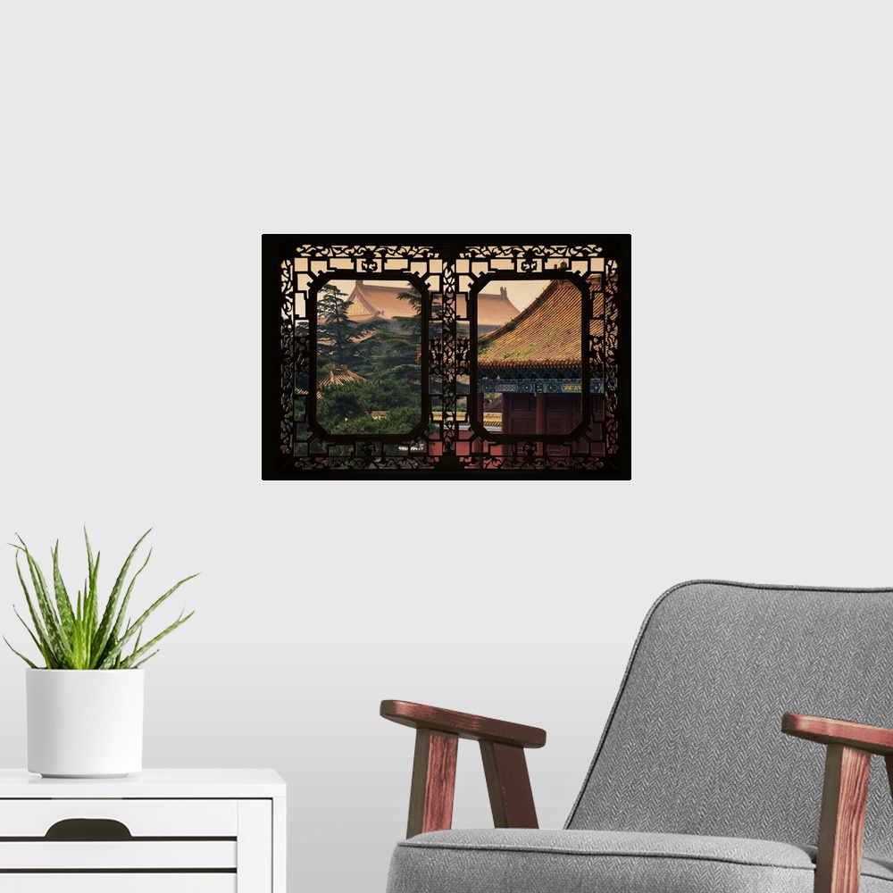 A modern room featuring Asian Window, Roofs of Forbidden City at Sunset, Beijing, China 10MKm2 Collection.