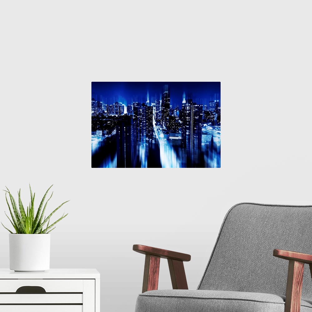 A modern room featuring New York lights at night with a blue hue, with a layered effect creating a feeling of movement.