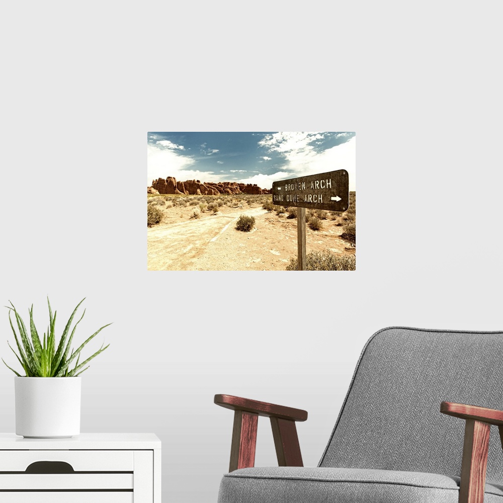 A modern room featuring Signpost pointing towards Arches in opposite directions in the desert.