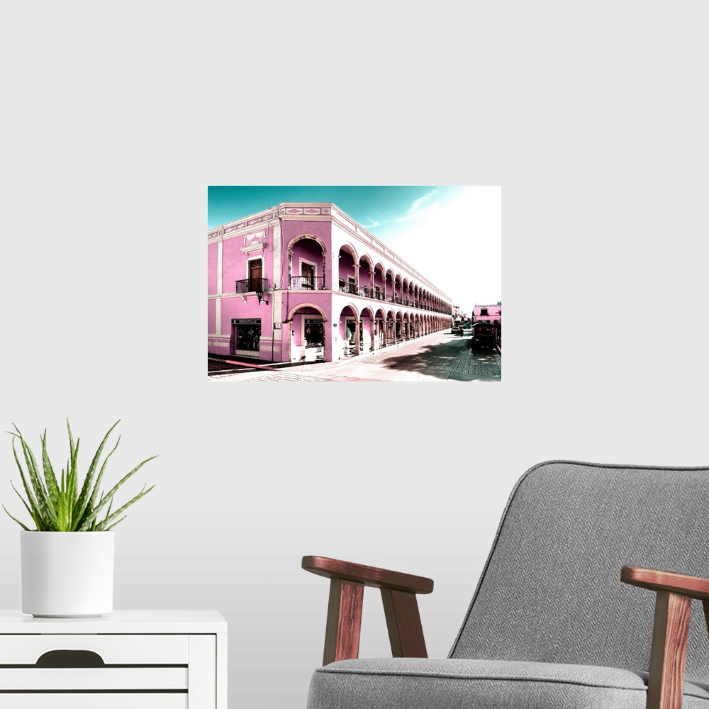 A modern room featuring Photograph of a street view in Campeche, Mexico with pink architecture. From the Viva Mexico Coll...