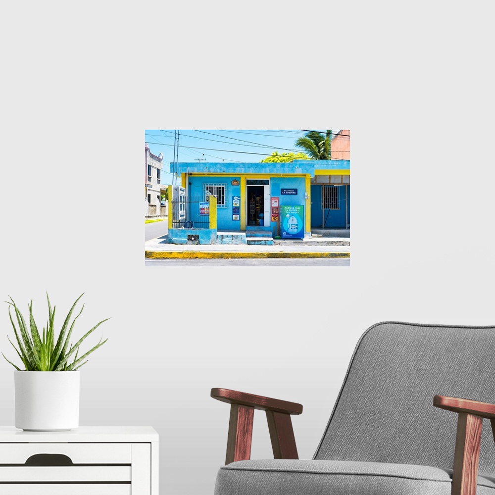 A modern room featuring Photograph of a blue and yellow supermarket in Cancun, Mexico. From the Viva Mexico Collection.