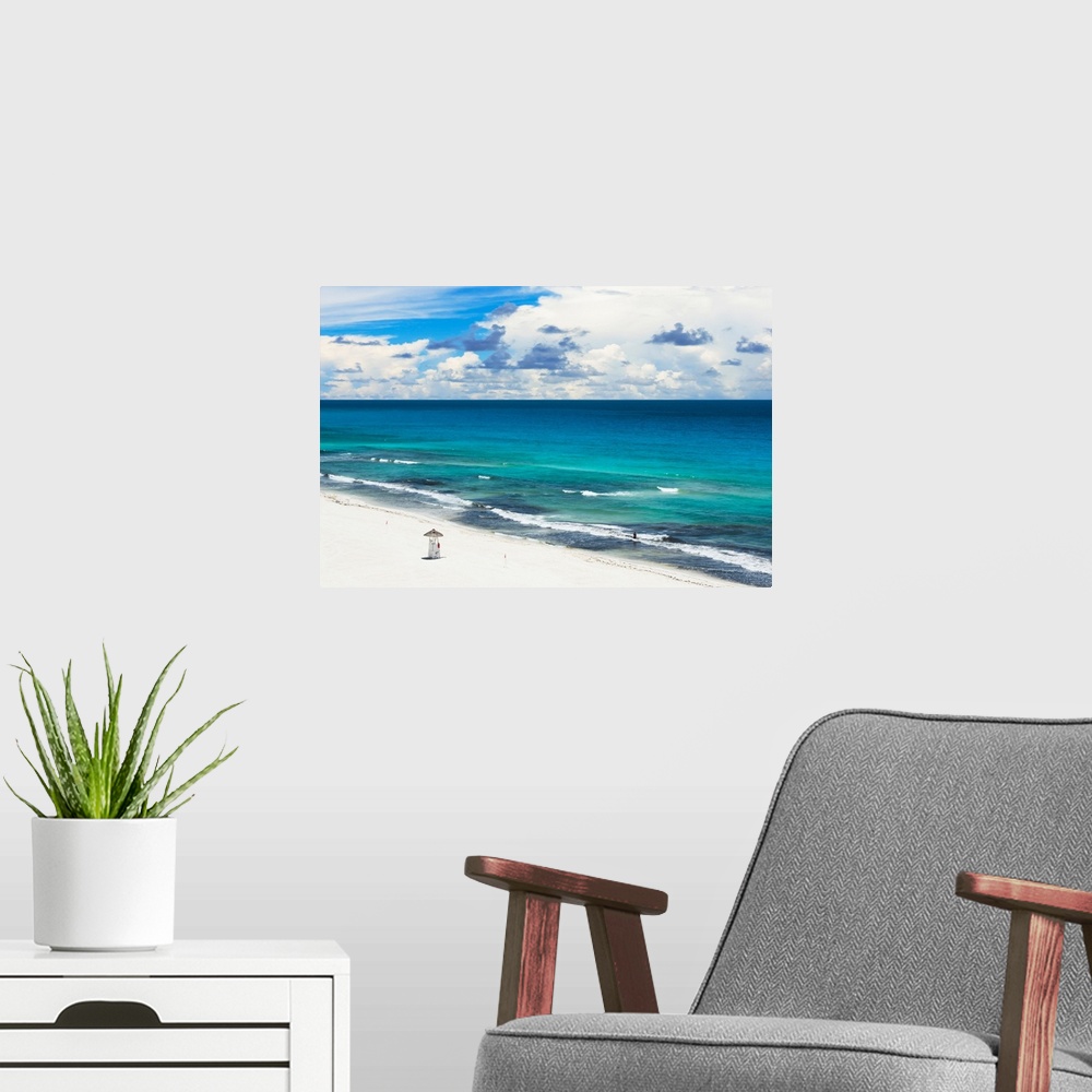 A modern room featuring Aerial photograph of the beach in Cancun, Mexico. From the Viva Mexico Collection.