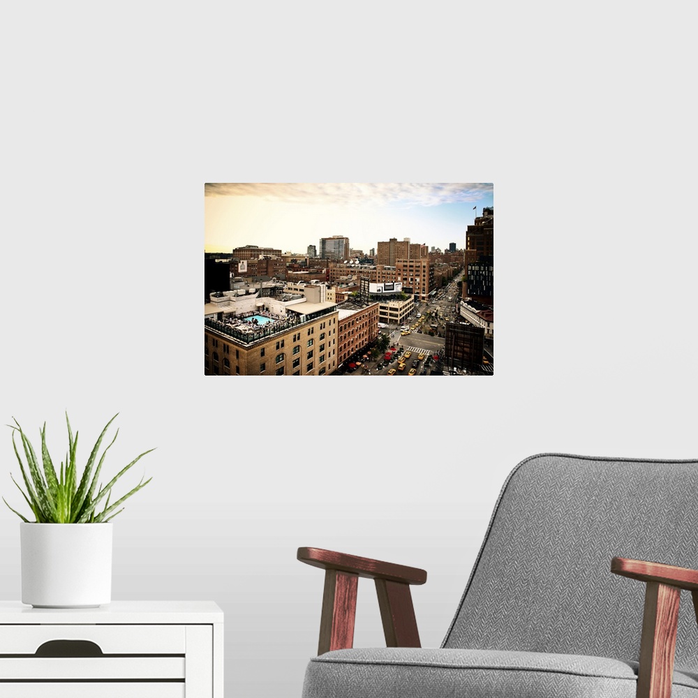 A modern room featuring Fine art photo of the New York City skyline, showing tall buildings and busy streets.