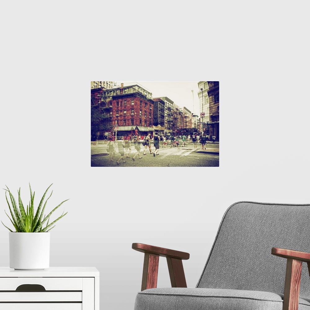 A modern room featuring Pedestrians in the street in New York, with a layered effect creating a feeling of movement.