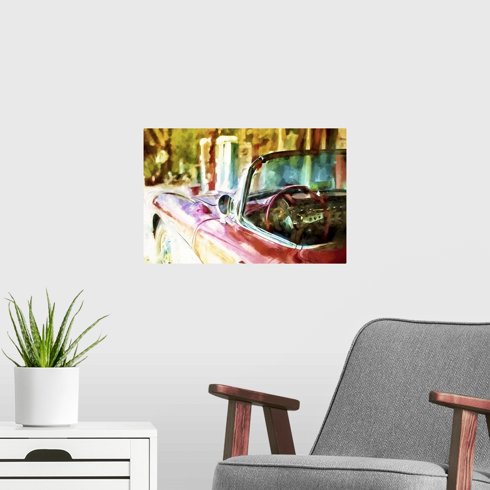 A modern room featuring A photograph of a classic car with a painterly effect.