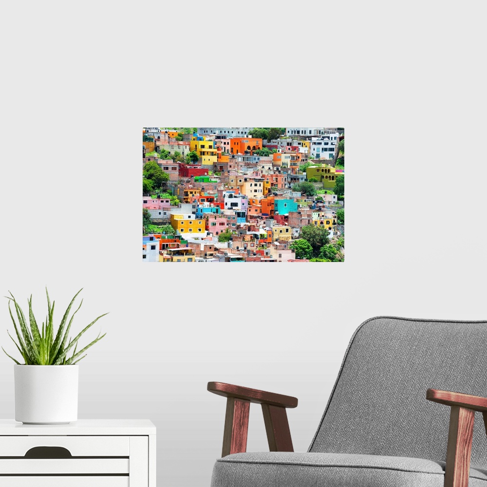 A modern room featuring Colorful cityscape photograph of Guanajuato, Mexico. From the Viva Mexico Collection.