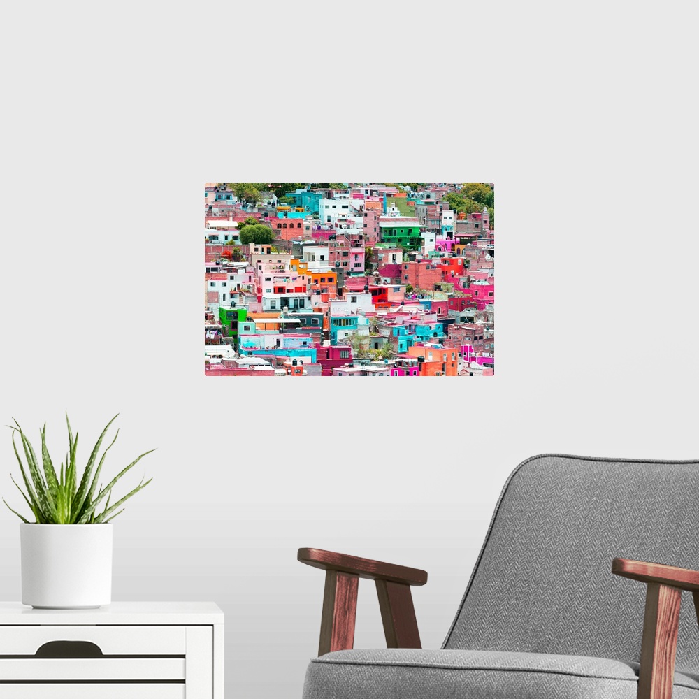 A modern room featuring Warm cityscape photograph of Guanajuato, Mexico. From the Viva Mexico Collection.