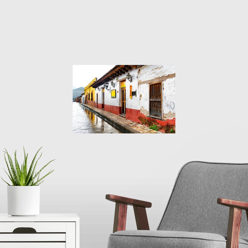 A modern room featuring Photograph of an overcast and rainy street scene by a pizza shop in Mexico. From the Viva Mexico ...