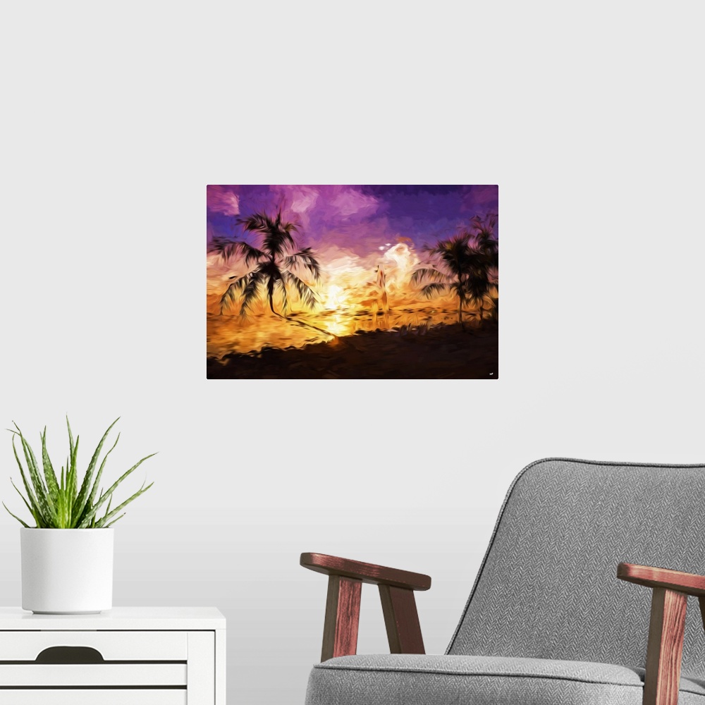 A modern room featuring Photograph of Miami, Florida with a painterly effect.