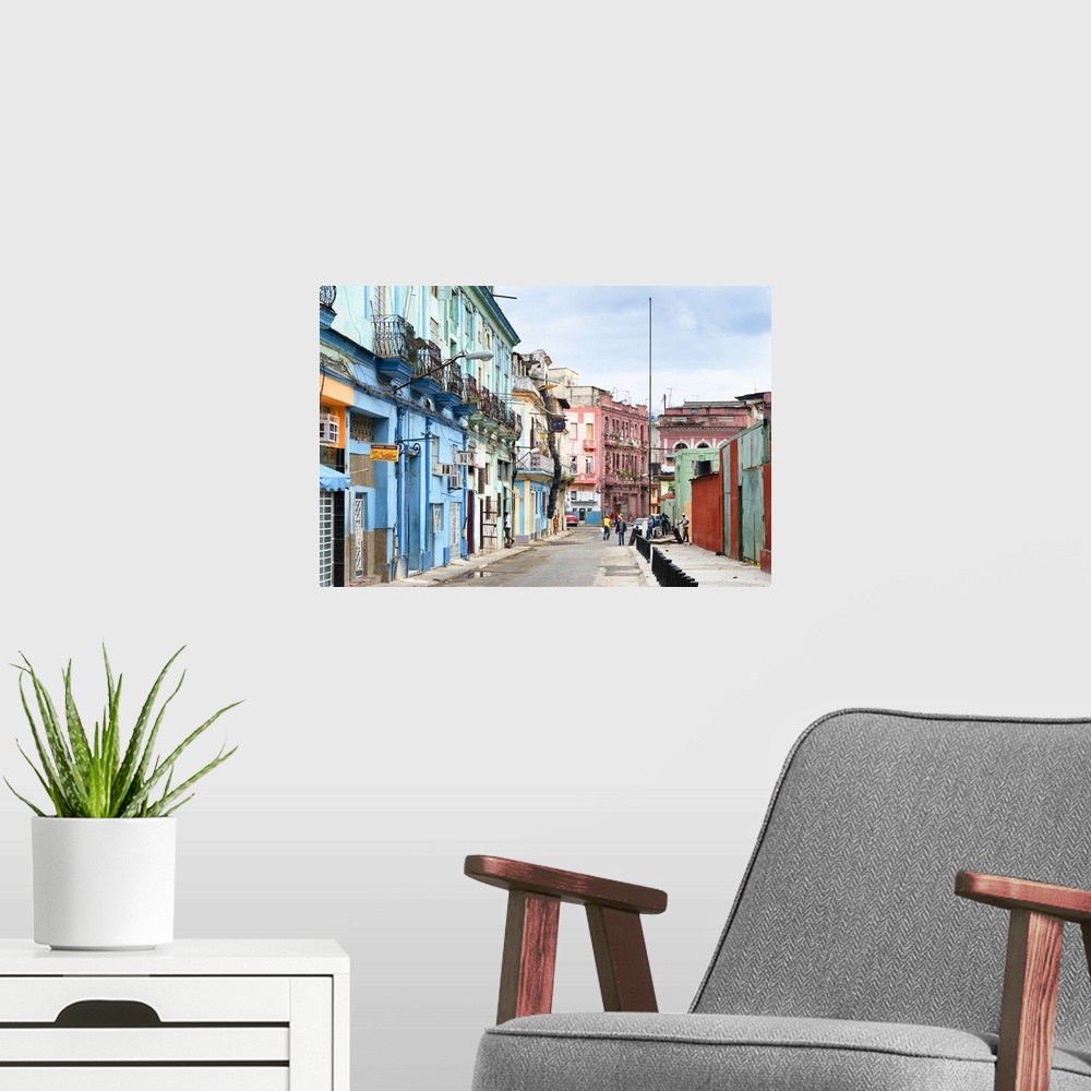 A modern room featuring Photograph of a streetscape in Havana, Cuba, highlighting the colorful architecture.