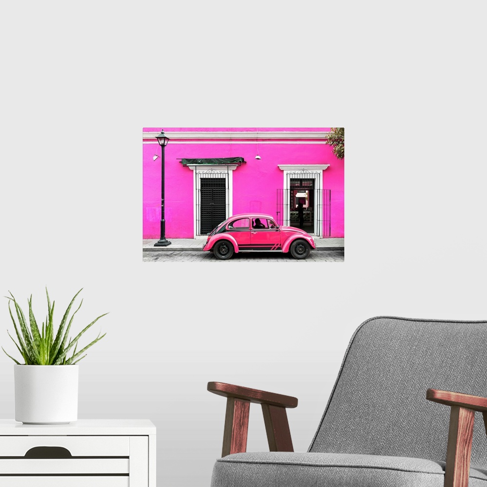 A modern room featuring Photograph of a classic pink Volkswagen Beetle in front of a pink building, Mexico. From the Viva...