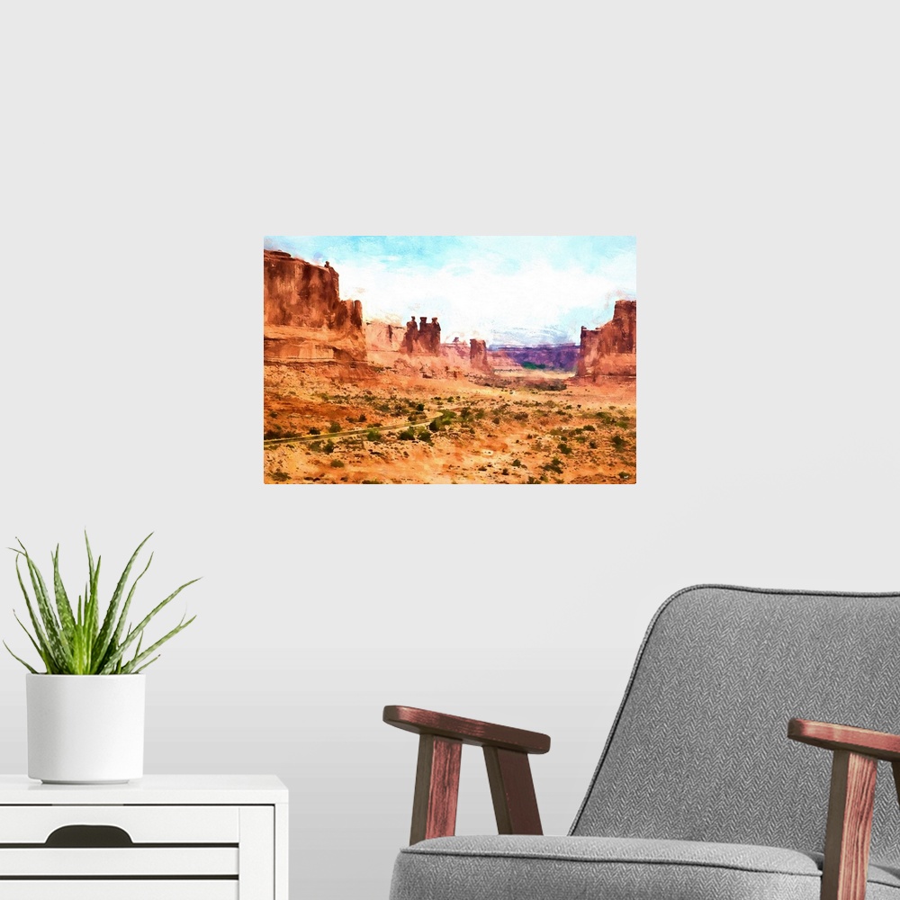 A modern room featuring A photograph of a desert landscape with a painterly effect.