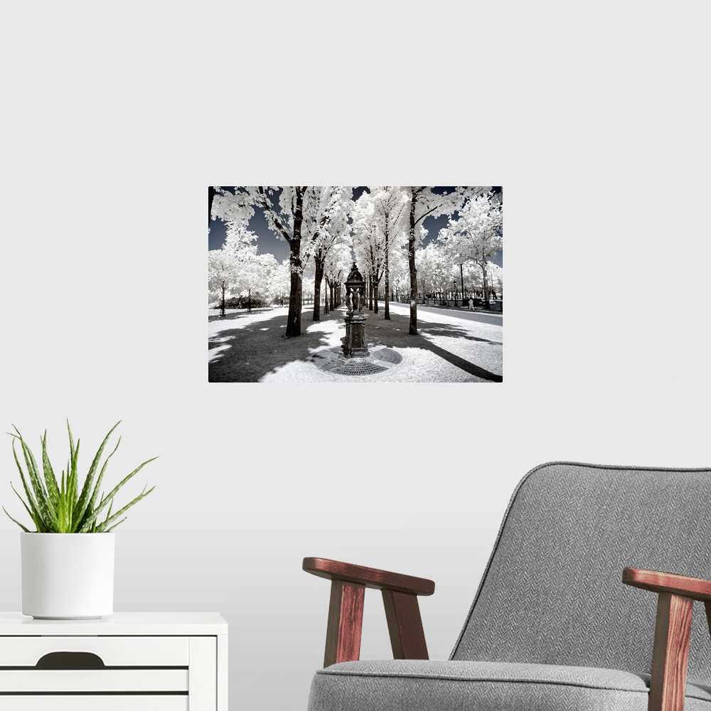 A modern room featuring A view of a fountain in a park in Paris with selective coloring. From the "Another Look" series.