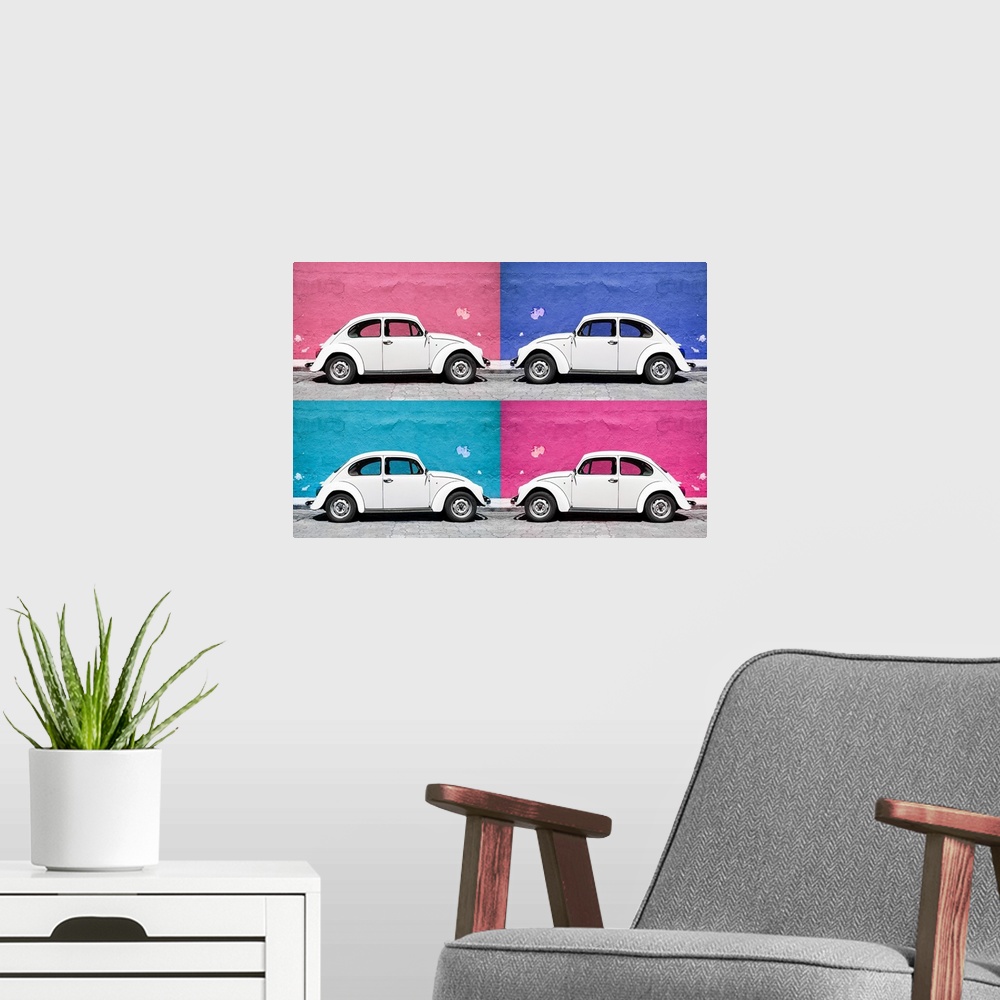 A modern room featuring Quadriptych photograph of a classic Volkswagen Beetle in front of colorful, bright walls. From th...