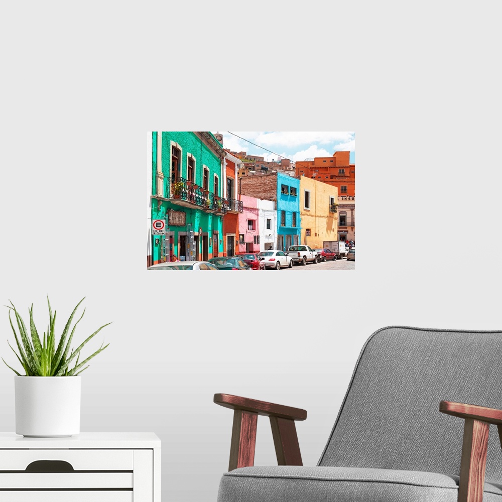 A modern room featuring Vertical photograph of a colorful streetscape in Guanajuato. From the Viva Mexico Collection.