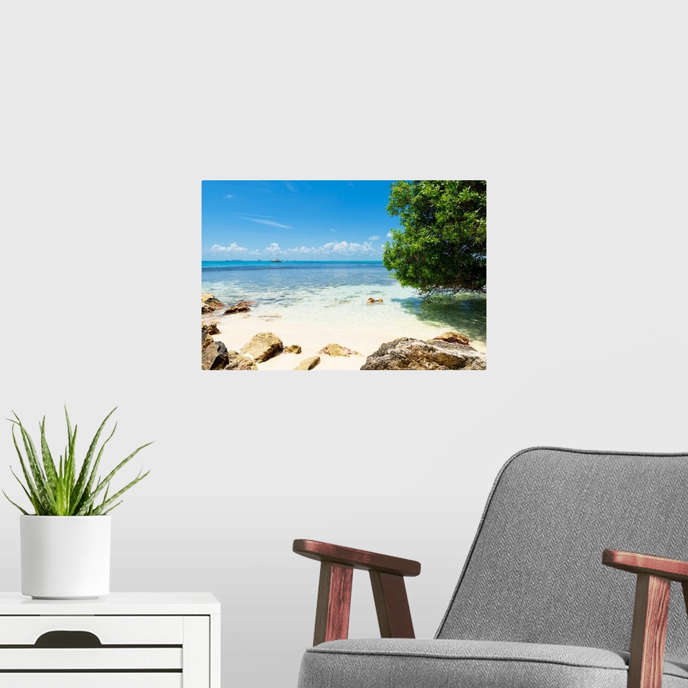 A modern room featuring Photograph of Isla Mujeres on the Caribbean coastline, Mexico, with a boat in the distance. From ...
