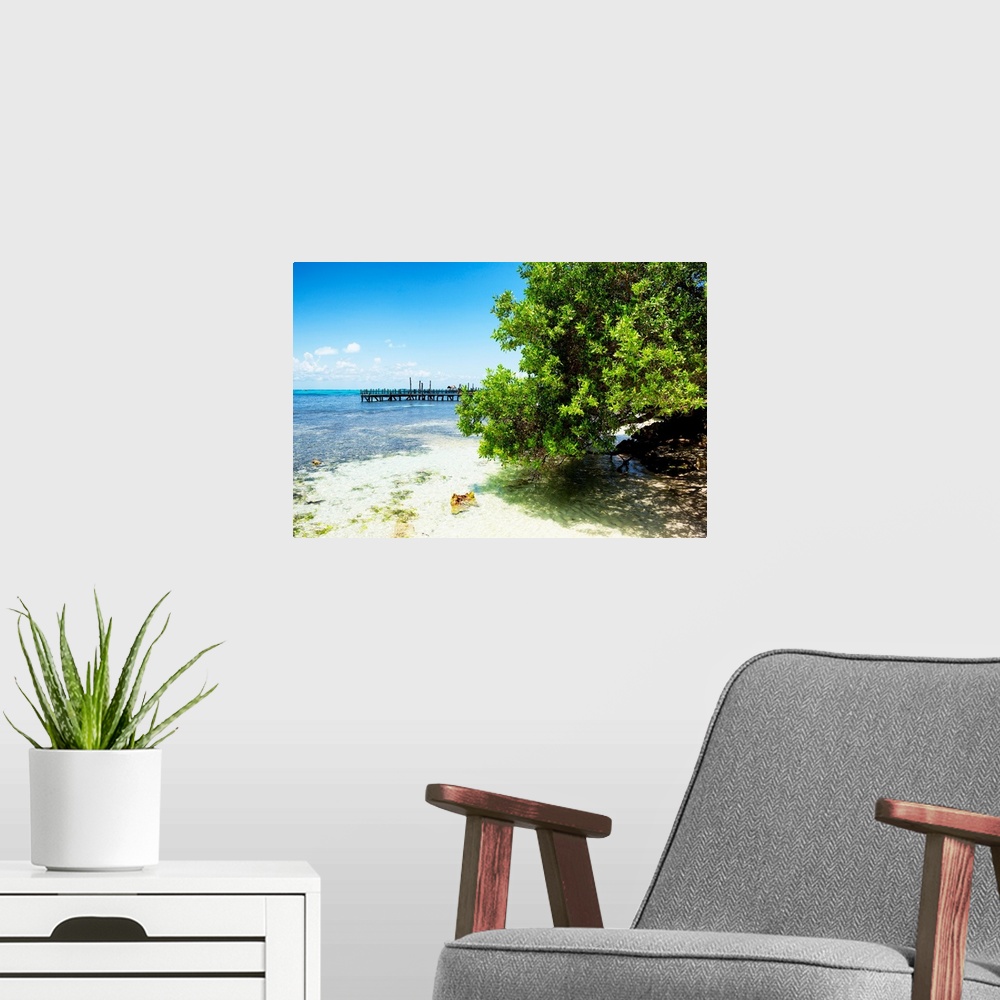 A modern room featuring Landscape photograph of Isla Mujeres in the Caribbean, Mexico. From the Viva Mexico Collection.