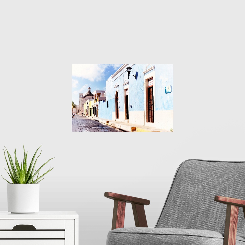 A modern room featuring Photograph of a Campeche street view with a light blue building in front. From the Viva Mexico Co...