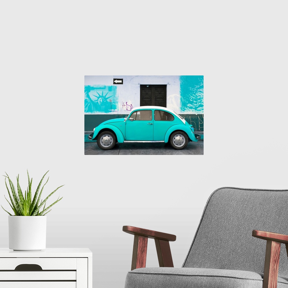 A modern room featuring Photograph of a pink Volkswagen Beetle parked in front of a wall covered in light blue American g...