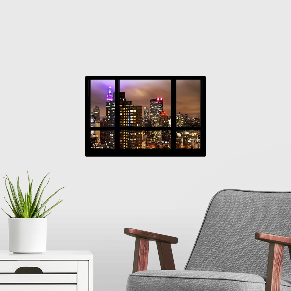 A modern room featuring The Manhattan skyline, full of lights in the evening, with a faux window pane effect.