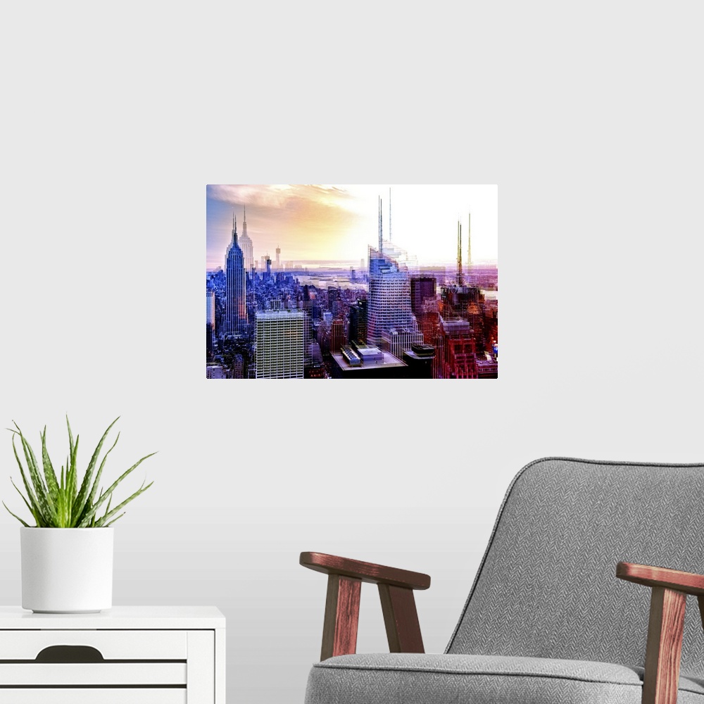 A modern room featuring Photo of the Manhattan skyline at sunset in the evening with a layered effect creating a feeling ...