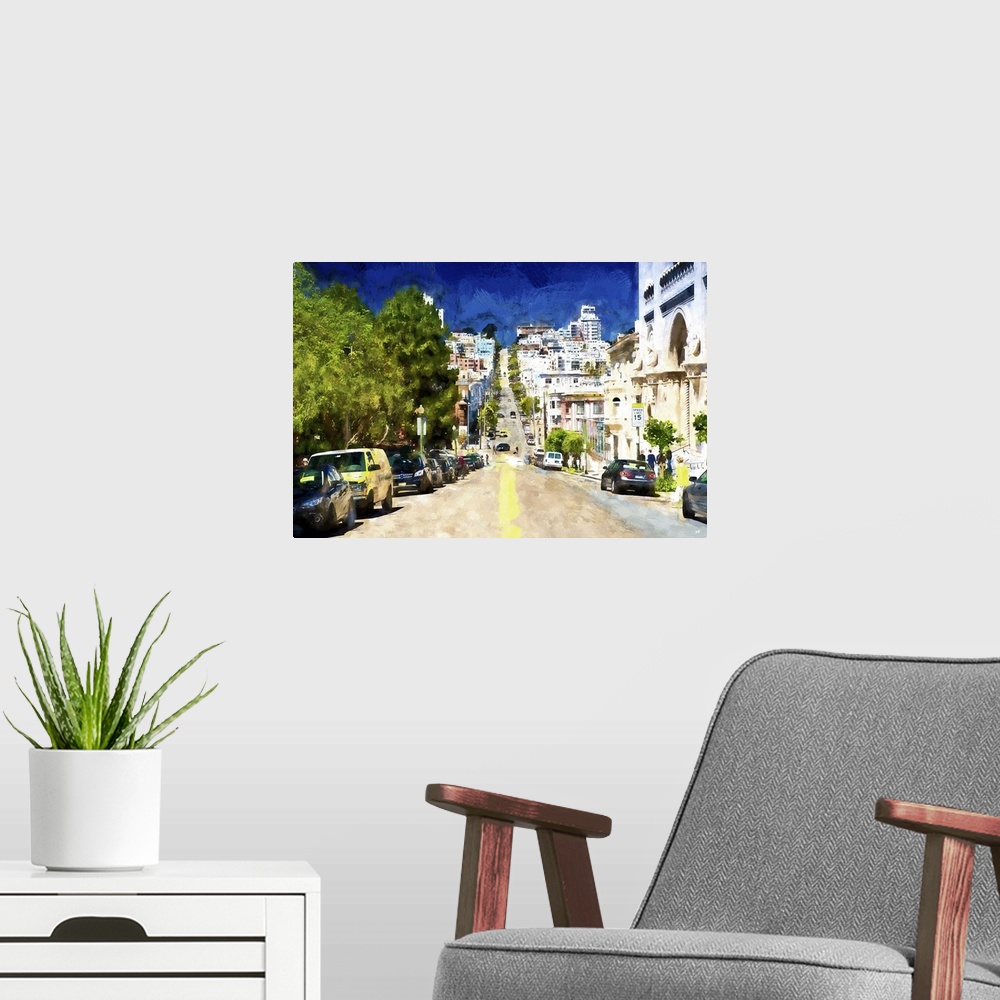 A modern room featuring A photograph with a painterly effect of San Francisco, California.