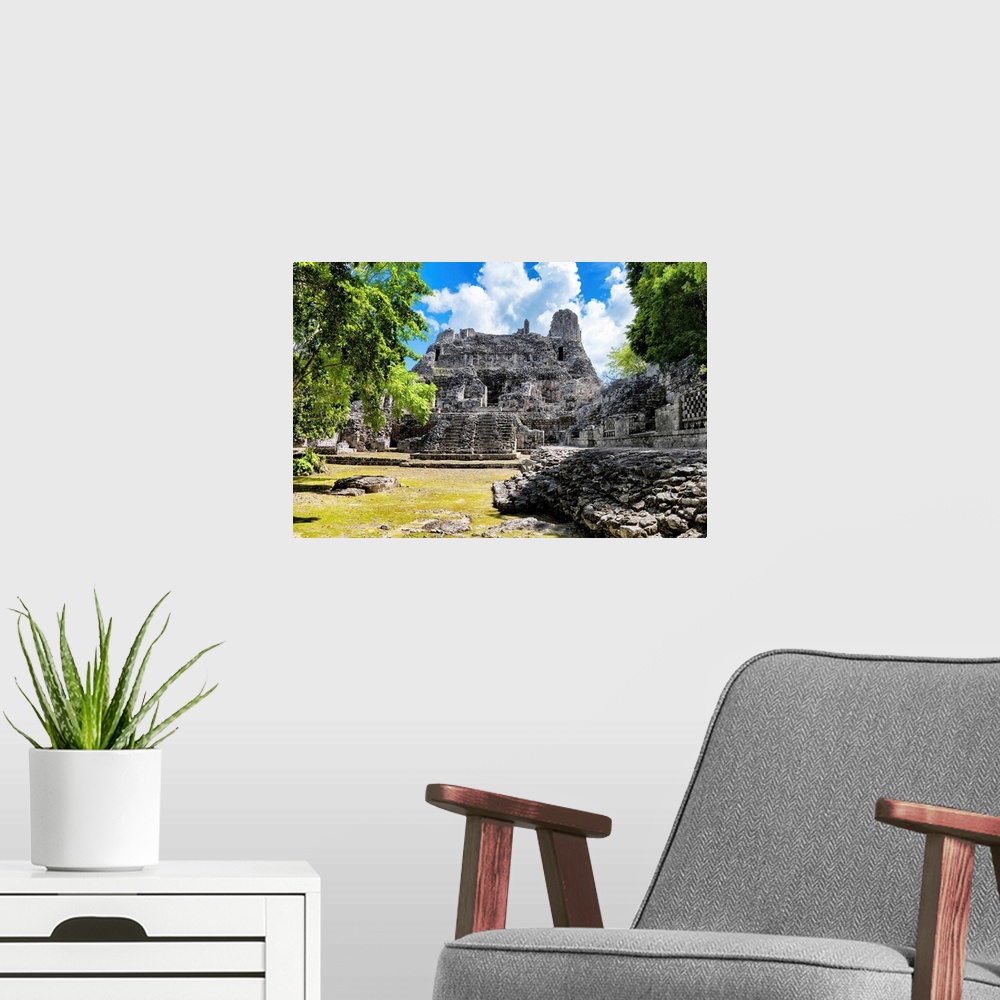 A modern room featuring Landscape photograph of ancient Mayan Ruins in Mexico. From the Viva Mexico Collection.
