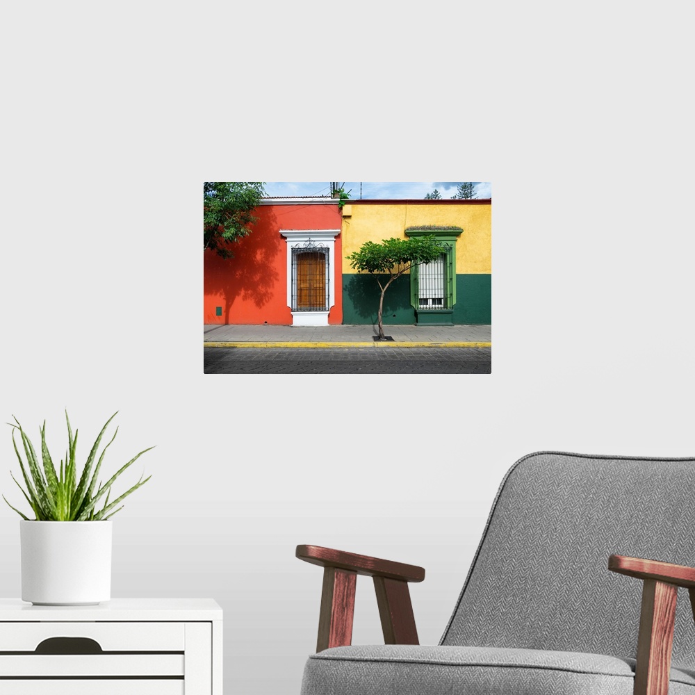 A modern room featuring Photograph of colorful facades in Mexico in red, yellow, and green. From the Viva Mexico Collection.