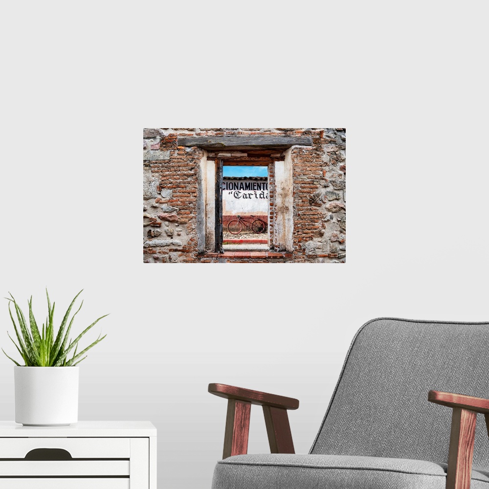A modern room featuring View of a red bicycle parked on the street in Mexico framed through a stony, brick window. From t...