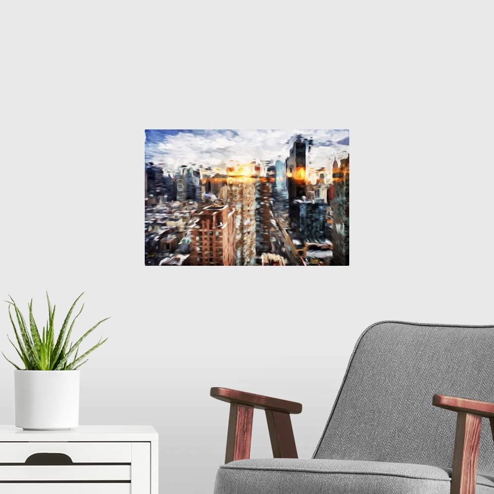 A modern room featuring Photograph with a painterly effect of Manhattan, New York city.