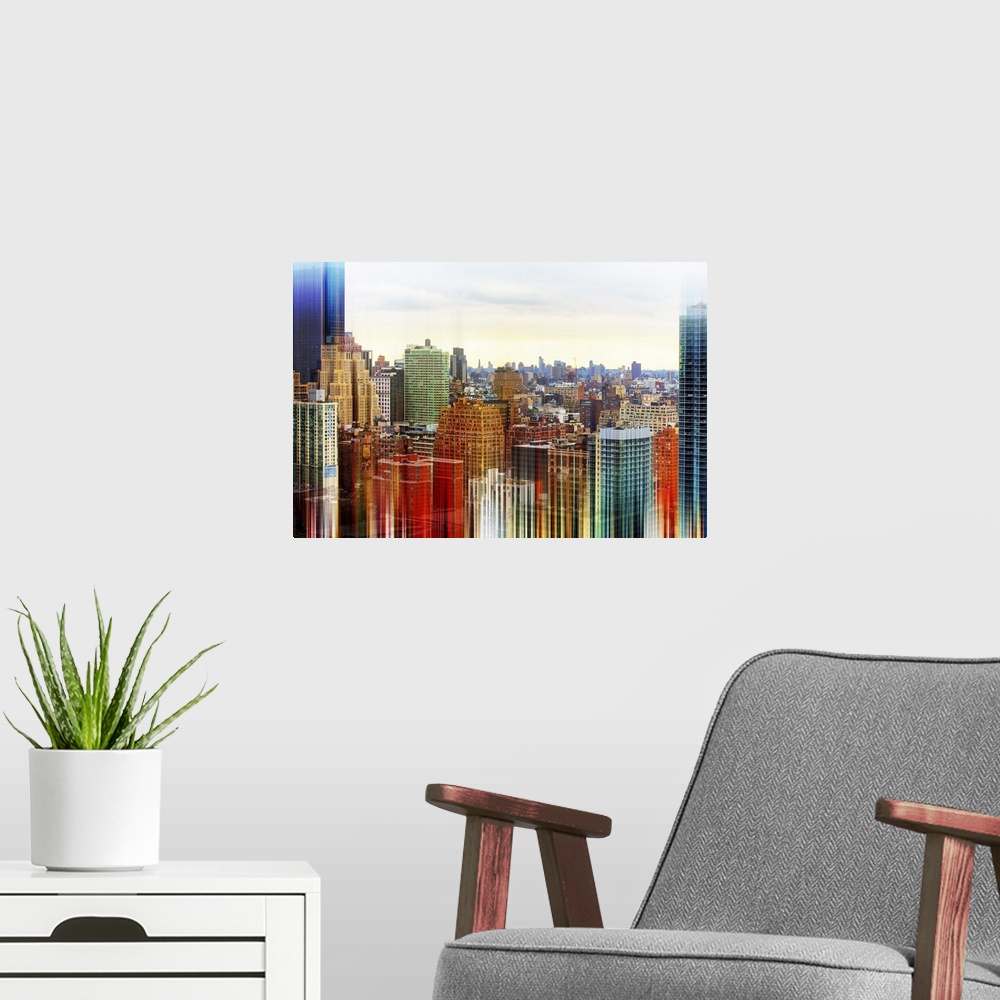A modern room featuring Photograph of the skyline of New York City, with a layered effect creating a feeling of movement.