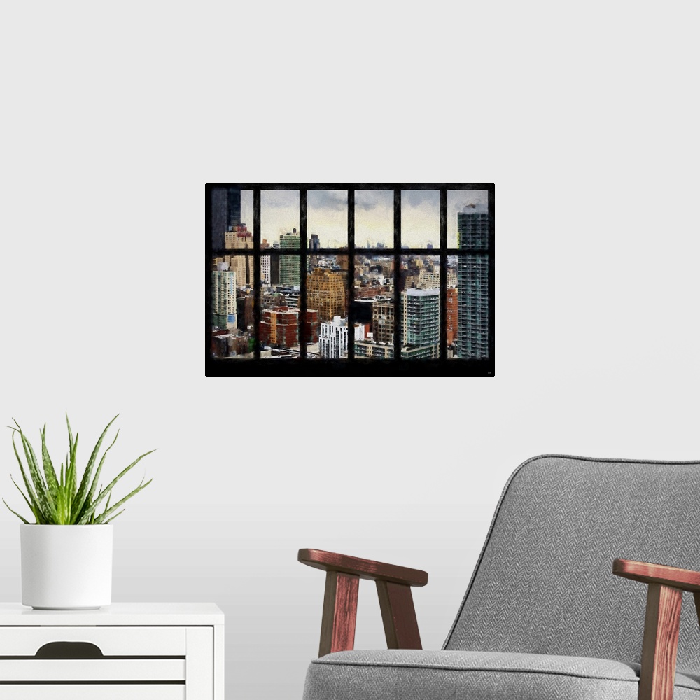 A modern room featuring Photograph with a painterly effect of NYC seen through a window.
