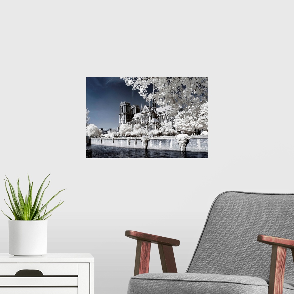 A modern room featuring A view of the Notre Dame Cathedral in Paris, made in infrared mode in summer. The vegetation is w...