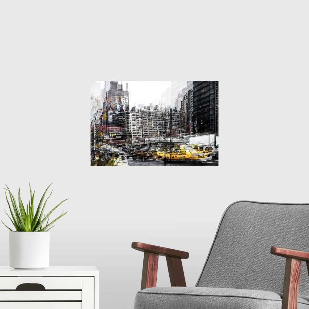 A modern room featuring Taxi cabs driving through New York City  with a layered effect creating a feeling of movement.