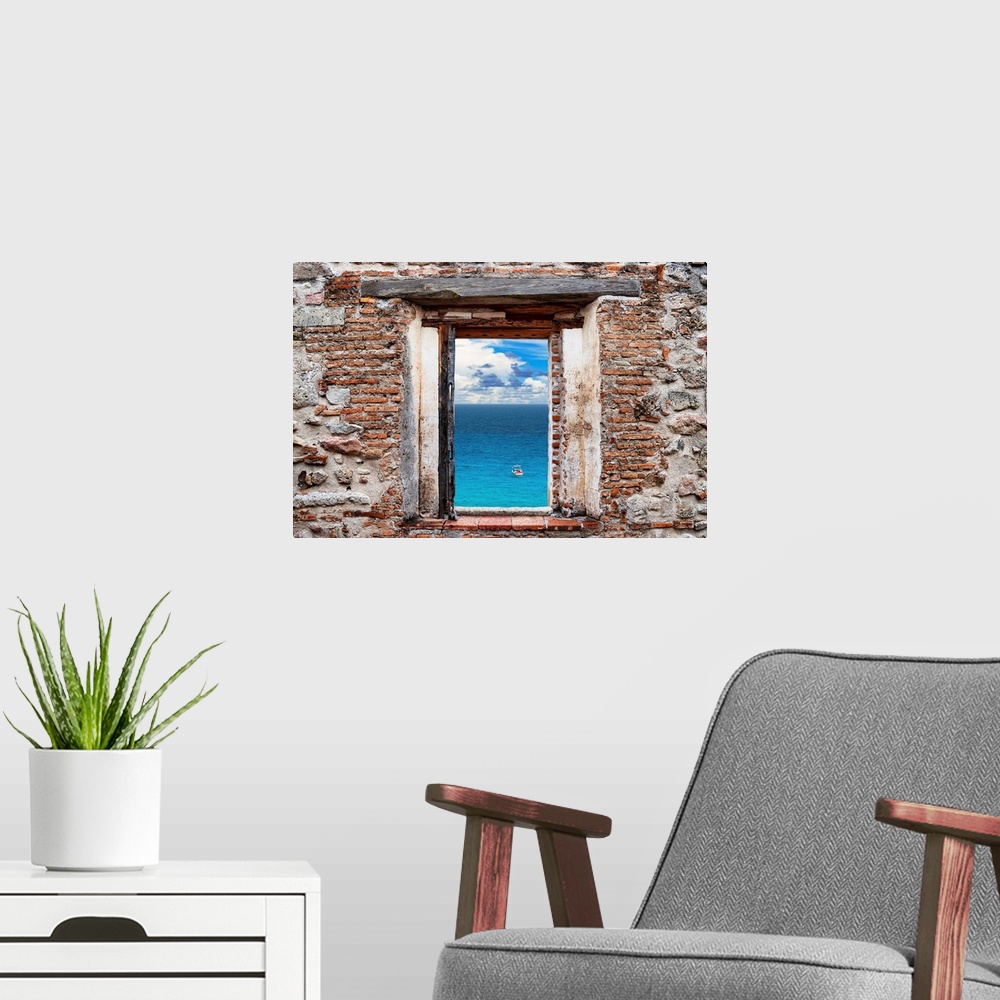 A modern room featuring View of a clear blue ocean with a boat framed through a stony, brick window. From the Viva Mexico...