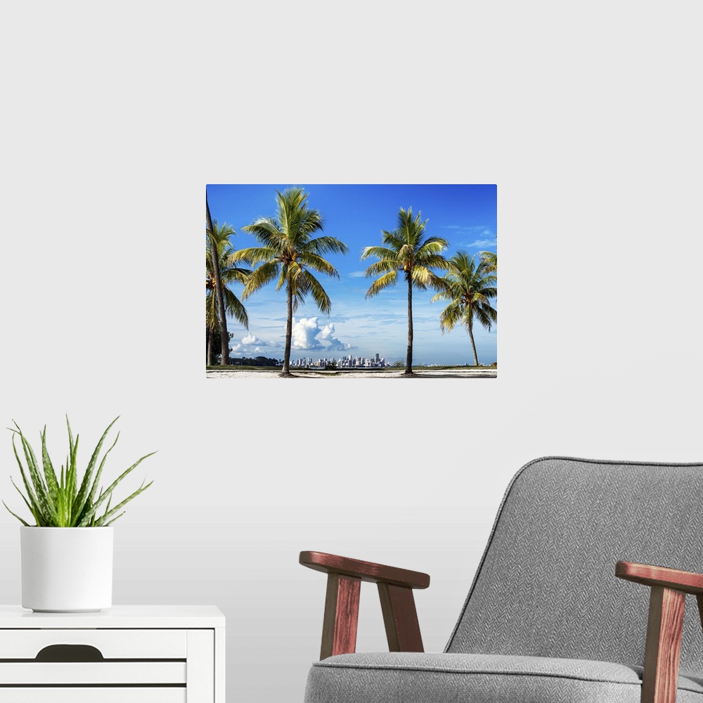 A modern room featuring Several palm trees on the coast with the city of Miami in the distance.