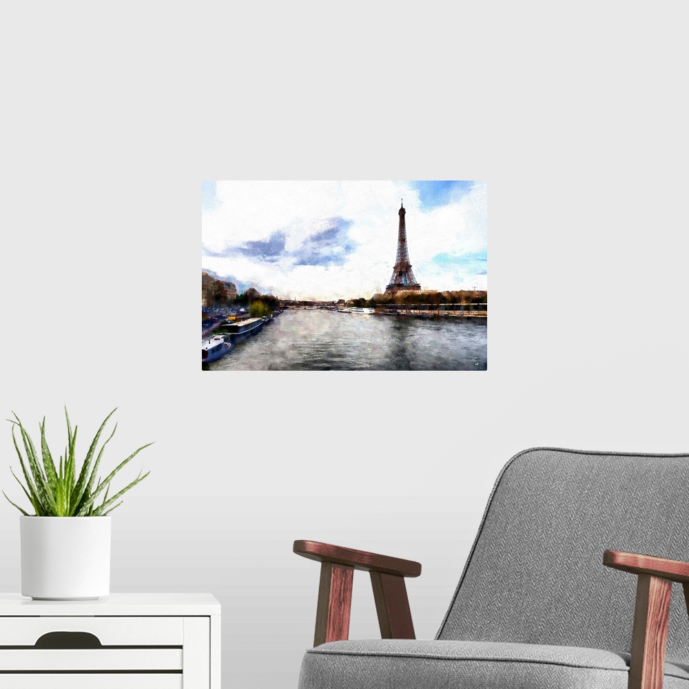A modern room featuring Photograph of Paris, France with a painterly effect.