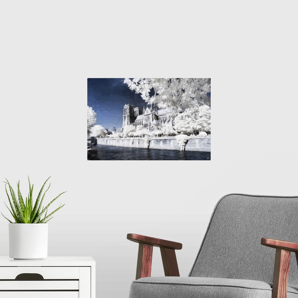 A modern room featuring Infrared photograph with a painterly effect of Paris.