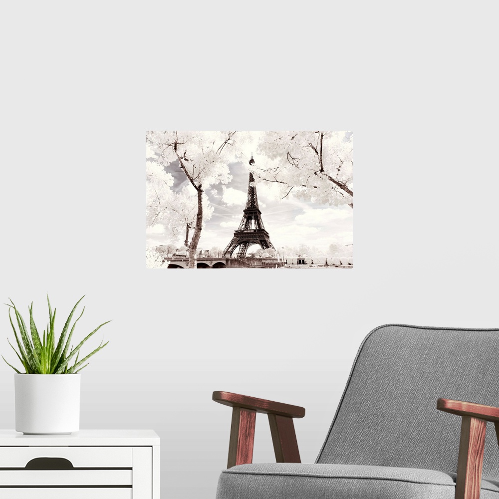 A modern room featuring It's a winter landscape in Paris with the Eiffel Tower under the snow. The trees have white leave...
