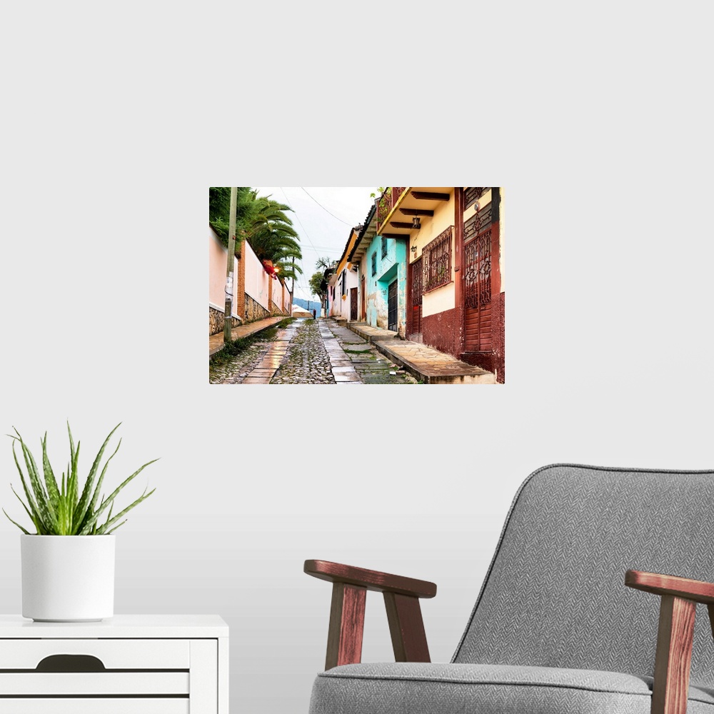 A modern room featuring Colorful streetscape photograph of San Cristobal de Las Casas in Chiapas, Mexico. From the Viva M...