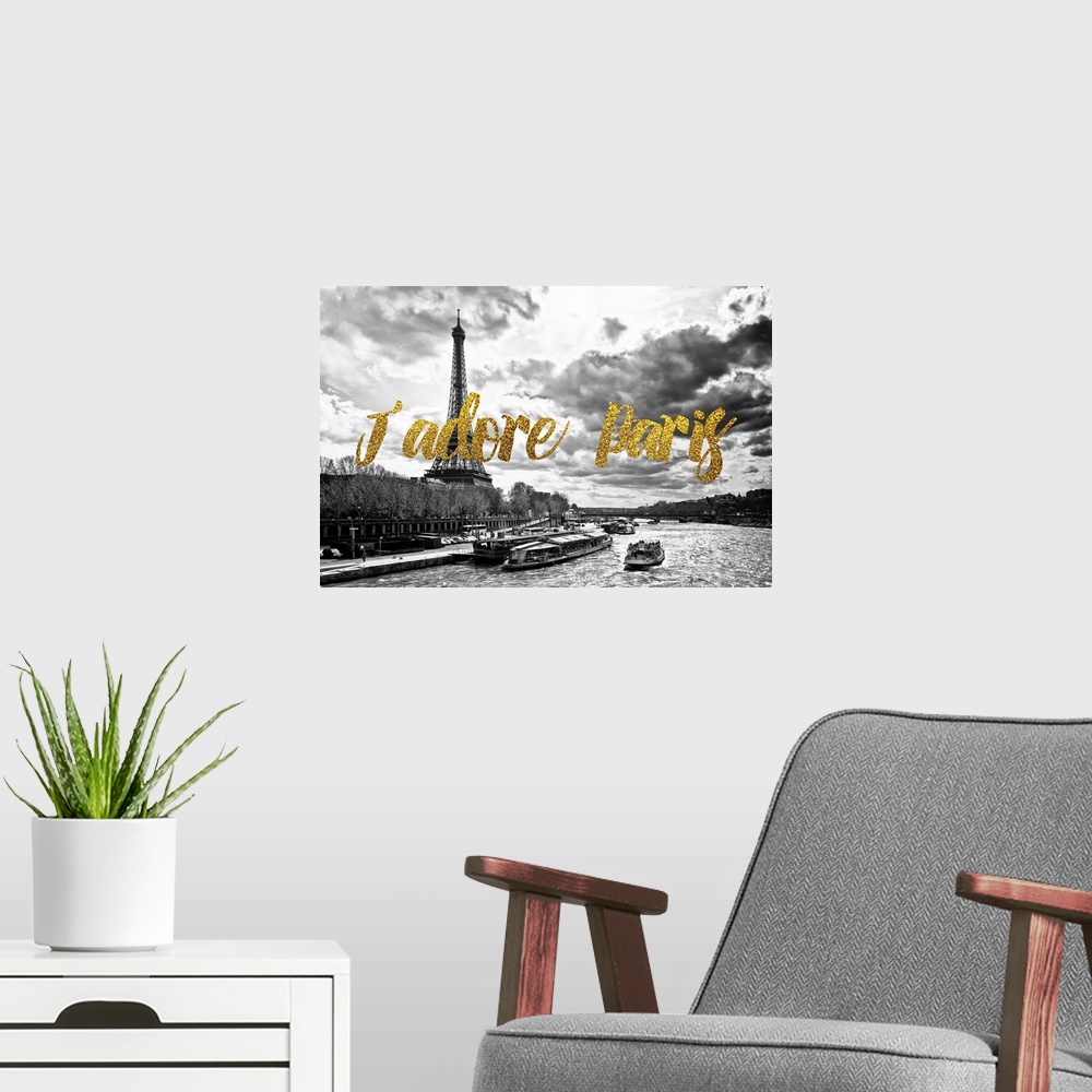 A modern room featuring Black and white photograph of the Seine River with the Eiffel Tower in the background and the phr...