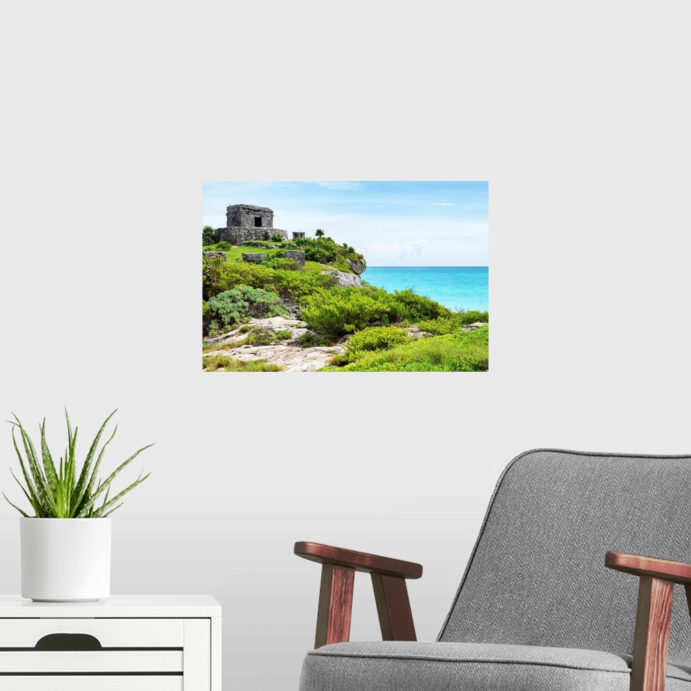A modern room featuring Photograph of the Tulum Ancient Mayan fortress in Riviera Maya, Mexico, overlooking the Caribbean...