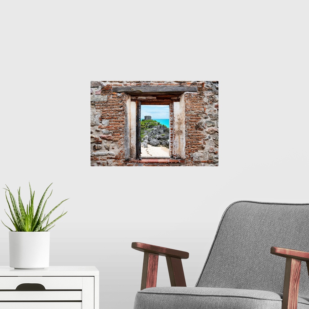 A modern room featuring View of the Tulum Ruins, Mexico, framed through a stony, brick window. From the Viva Mexico Windo...